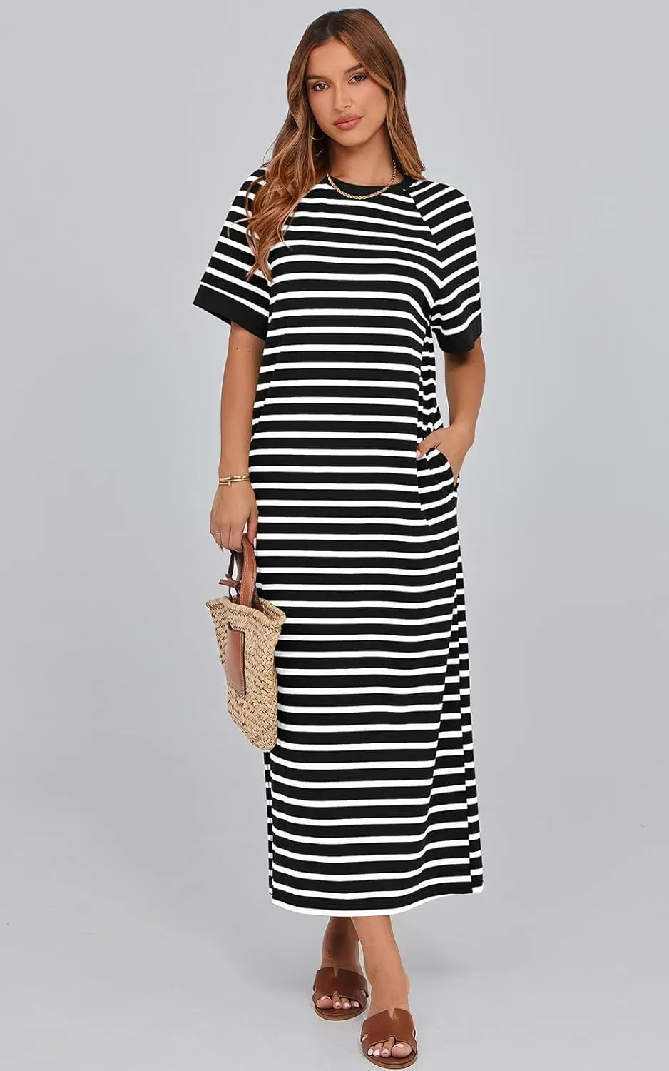 PRETTYGARDEN Women's Summer Casual T Shirt Dresses Short Sleeve Striped Slit Maxi Dress Color Block Long Dress with Pocket
