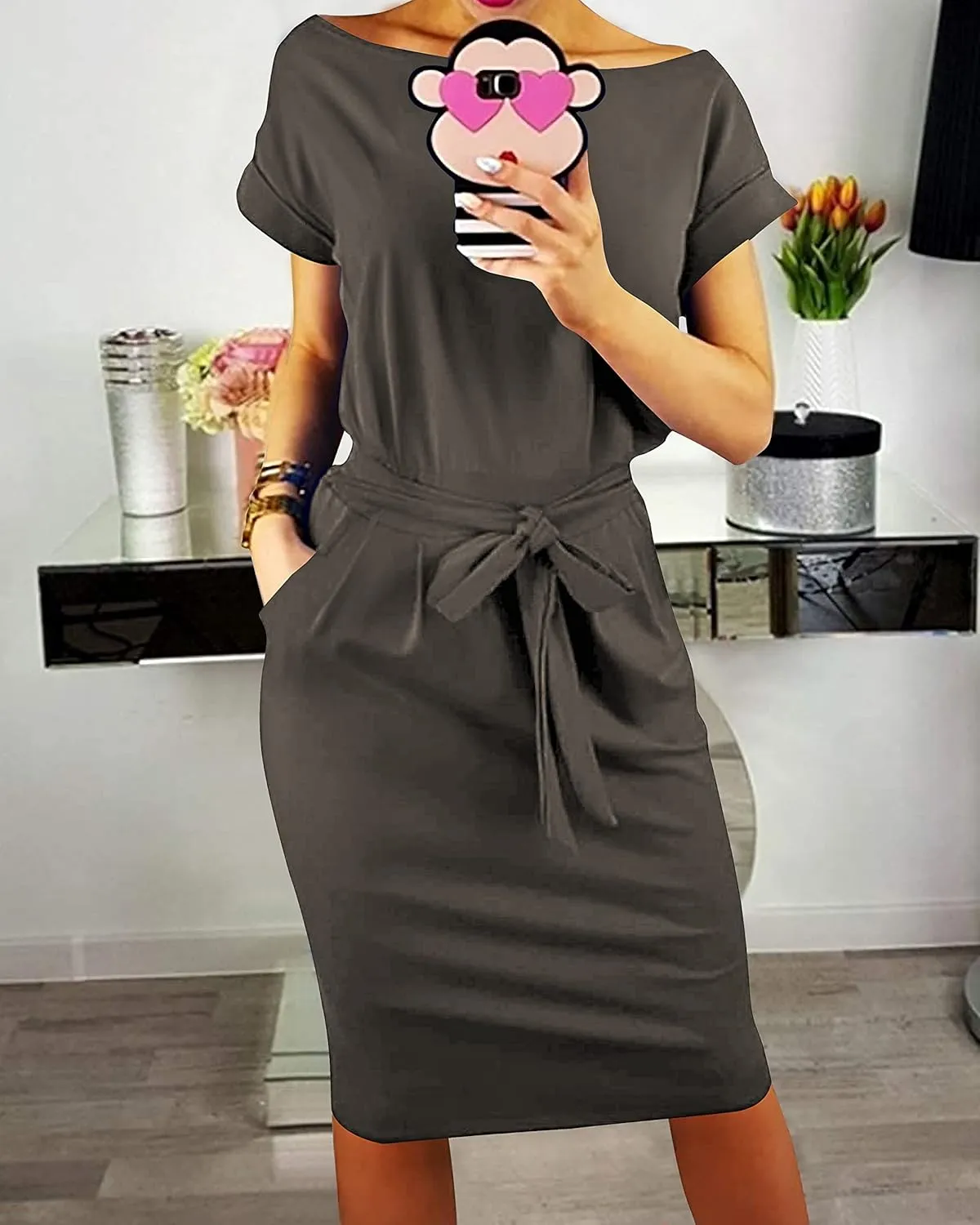 PRETTYGARDEN Women's Summer Short Sleeve Crewneck Striped Dress Basic Solid Tie Waist Office T Shirt Dresses Pockets