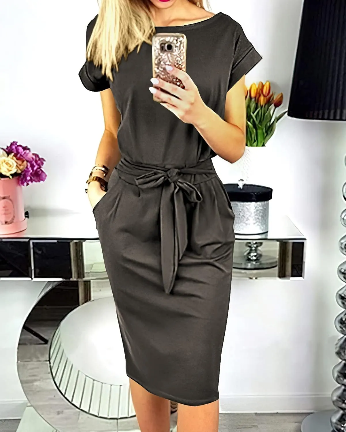 PRETTYGARDEN Women's Summer Short Sleeve Crewneck Striped Dress Basic Solid Tie Waist Office T Shirt Dresses Pockets