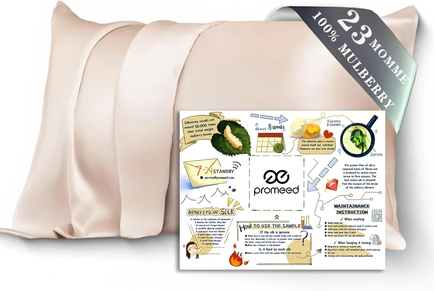 PROMEED 100% Mulberry Silk Pillowcase for Hair and Skin, Both Sides 23 Momme Grade 6A  Silk Pillow Case with Hidden Zipper, 1400 TC, Soft & Smooth (Standard 20"x26", Champagne)