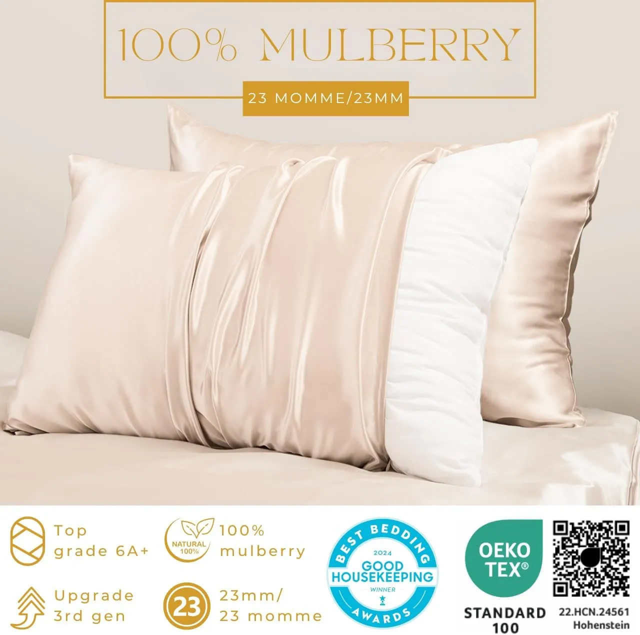 PROMEED 100% Mulberry Silk Pillowcase for Hair and Skin, Both Sides 23 Momme Grade 6A  Silk Pillow Case with Hidden Zipper, 1400 TC, Soft & Smooth (Standard 20"x26", Champagne)