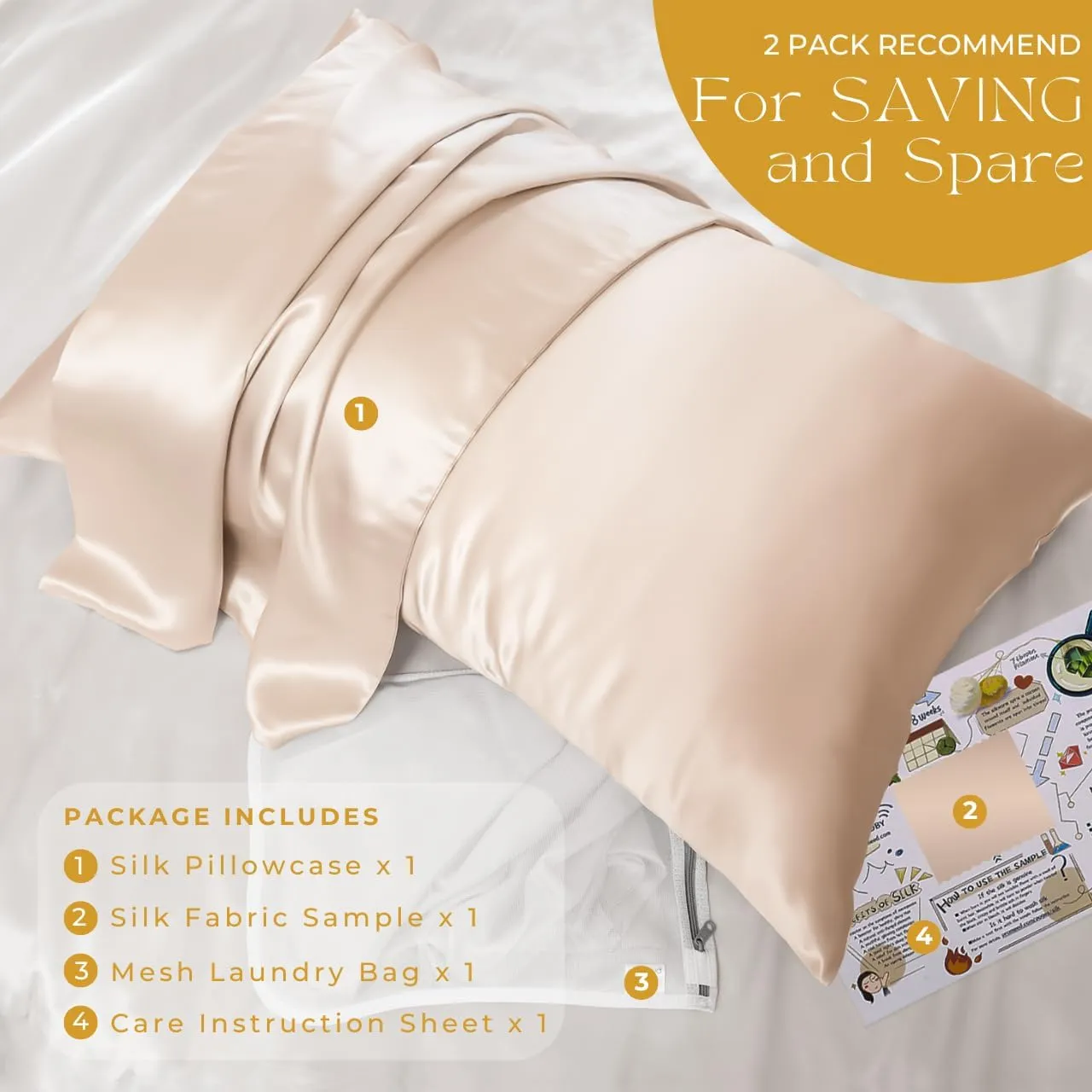 PROMEED 100% Mulberry Silk Pillowcase for Hair and Skin, Both Sides 23 Momme Grade 6A  Silk Pillow Case with Hidden Zipper, 1400 TC, Soft & Smooth (Standard 20"x26", Champagne)