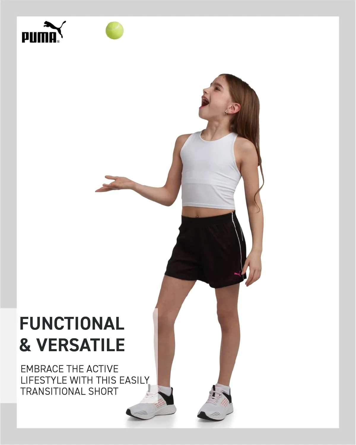 PUMA Girls' Active Shorts - Athletic Performance Double Mesh Running Shorts - Dolphin Gym Shorts for Girls (Sizes: 4-16)