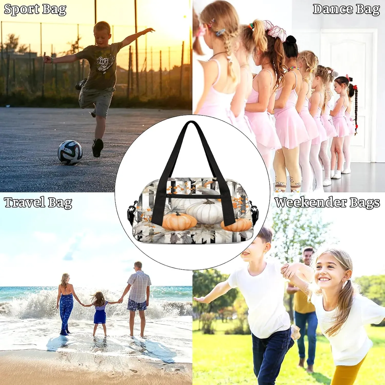 Pumpkin Berries Stripes Kids Duffel Bag Lightweight Waterproof Sports Gym Bag with Front Zipper Pocket Foldable Weekender Overnight Bag for School Practice Gymnastic Ballet