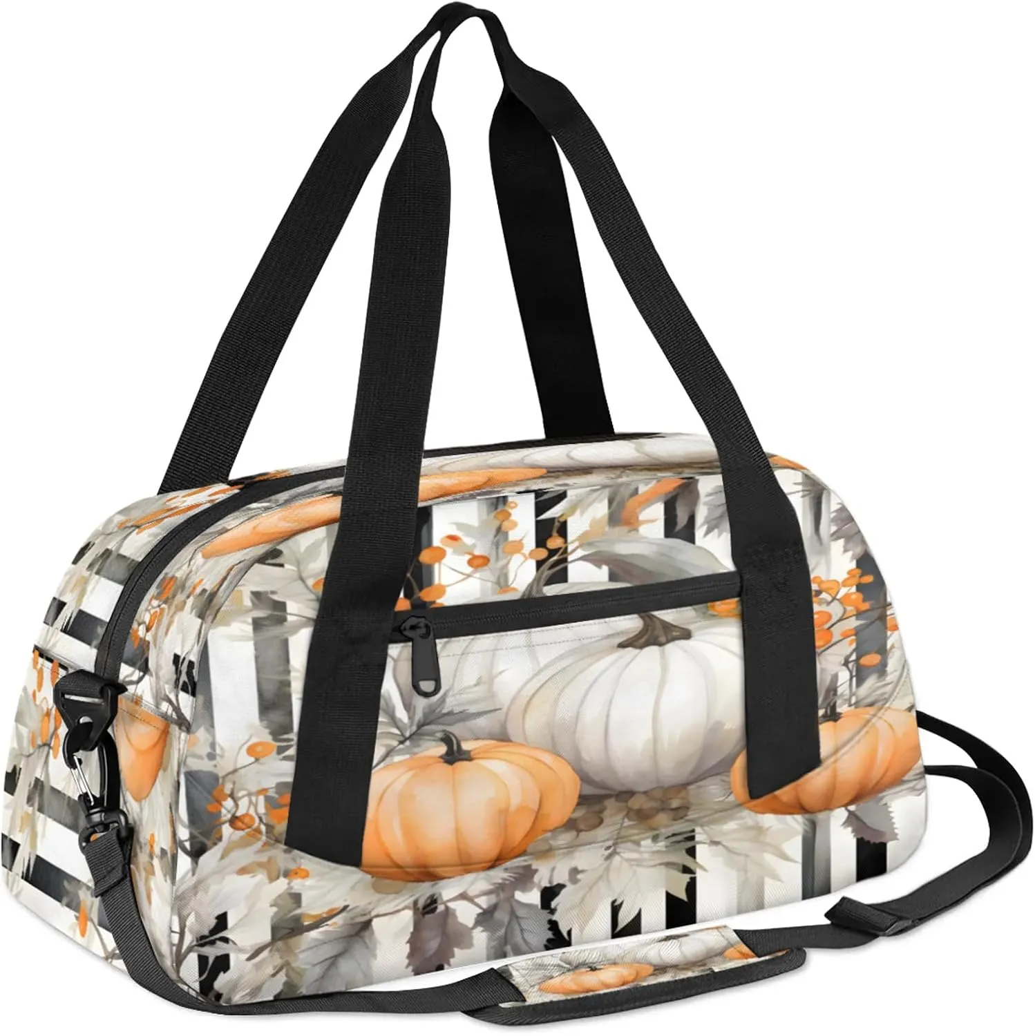 Pumpkin Berries Stripes Kids Duffel Bag Lightweight Waterproof Sports Gym Bag with Front Zipper Pocket Foldable Weekender Overnight Bag for School Practice Gymnastic Ballet