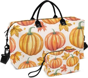 Pumpkin Maple Leaves Beige Sports Gym Bag for Women Men Travel Duffel Bag Weekend Overnight Carry on Bag with Toiletry Bag Training Handbag for Swimming Yoga Workout Hospital Plane