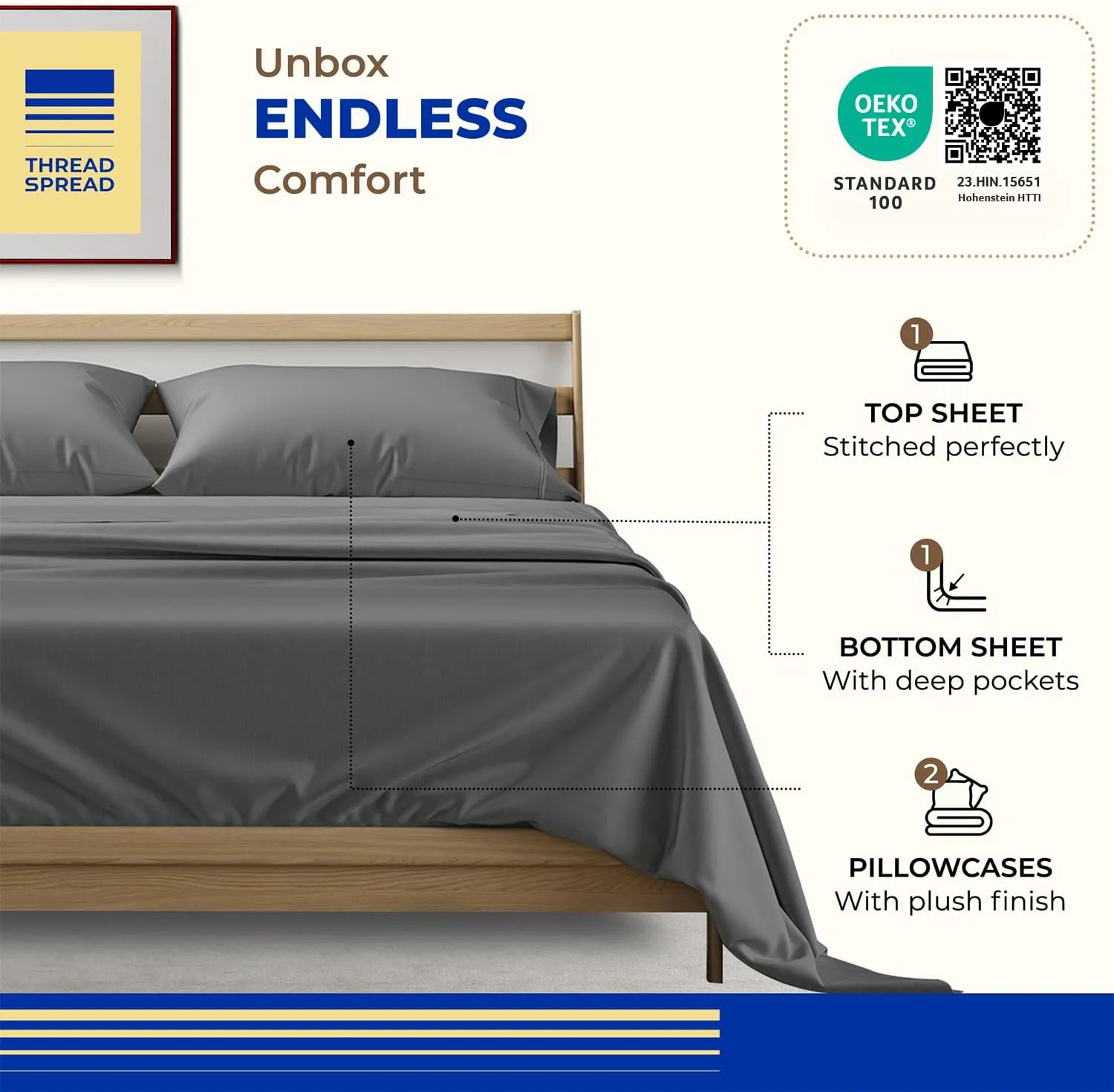 Pure Egyptian Cotton Bed Sheets Set, 1000 Thread Count, Queen Size, Dark Grey Bedding and Pillow Cases, 4 Pc, Sateen Sheets, 16" Deep Pocket Sheets