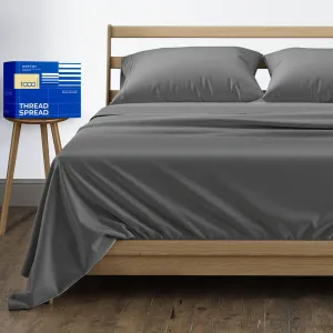 Pure Egyptian Cotton Bed Sheets Set, 1000 Thread Count, Queen Size, Dark Grey Bedding and Pillow Cases, 4 Pc, Sateen Sheets, 16" Deep Pocket Sheets