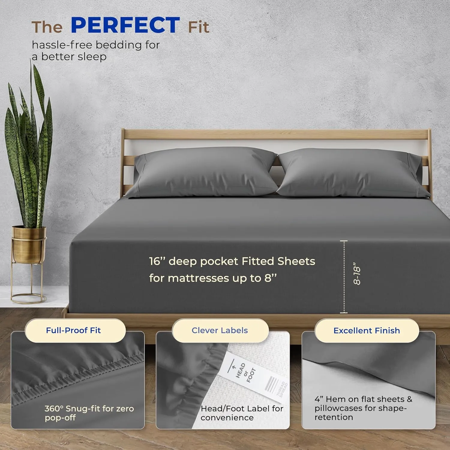 Pure Egyptian Cotton Bed Sheets Set, 1000 Thread Count, Queen Size, Dark Grey Bedding and Pillow Cases, 4 Pc, Sateen Sheets, 16" Deep Pocket Sheets