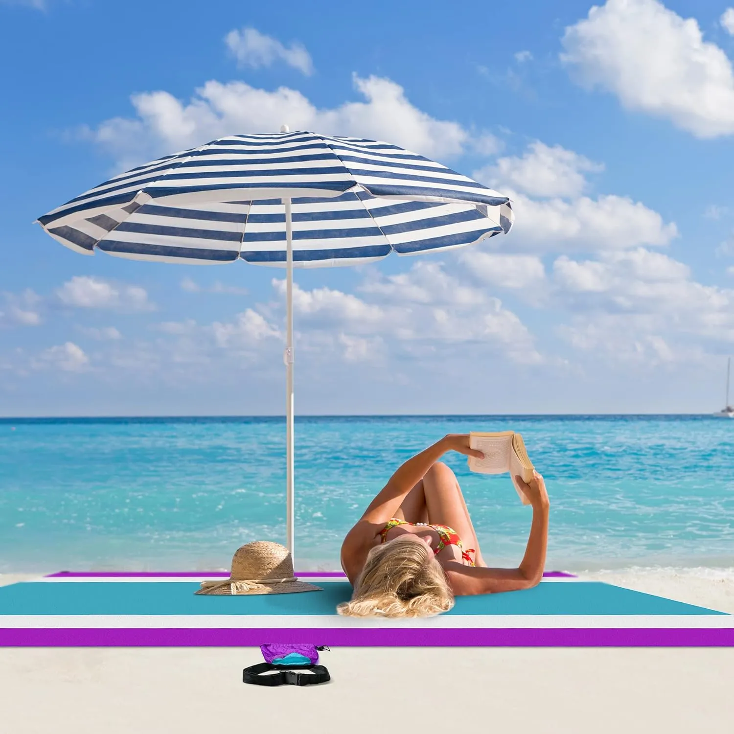 Purple Water-Resistant, Sandproof 10x9ft Beach Blanket With Umbrella Hole–Beach Mat, Compact and Lightweight, Stuff Sack, 4 Stakes, Sand Pockets, Works with Beach Canopies, Umbrellas, Kids Tent