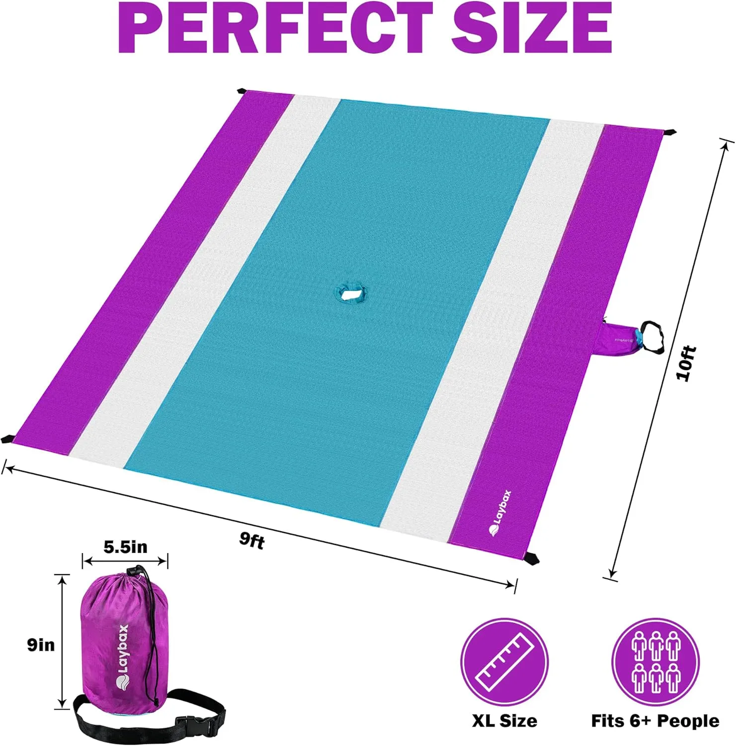 Purple Water-Resistant, Sandproof 10x9ft Beach Blanket With Umbrella Hole–Beach Mat, Compact and Lightweight, Stuff Sack, 4 Stakes, Sand Pockets, Works with Beach Canopies, Umbrellas, Kids Tent
