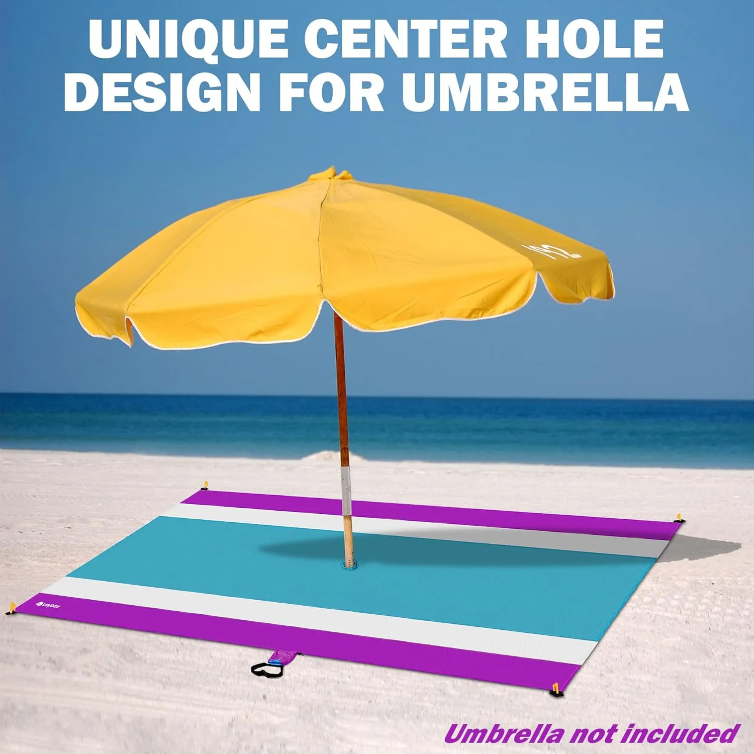 Purple Water-Resistant, Sandproof 10x9ft Beach Blanket With Umbrella Hole–Beach Mat, Compact and Lightweight, Stuff Sack, 4 Stakes, Sand Pockets, Works with Beach Canopies, Umbrellas, Kids Tent