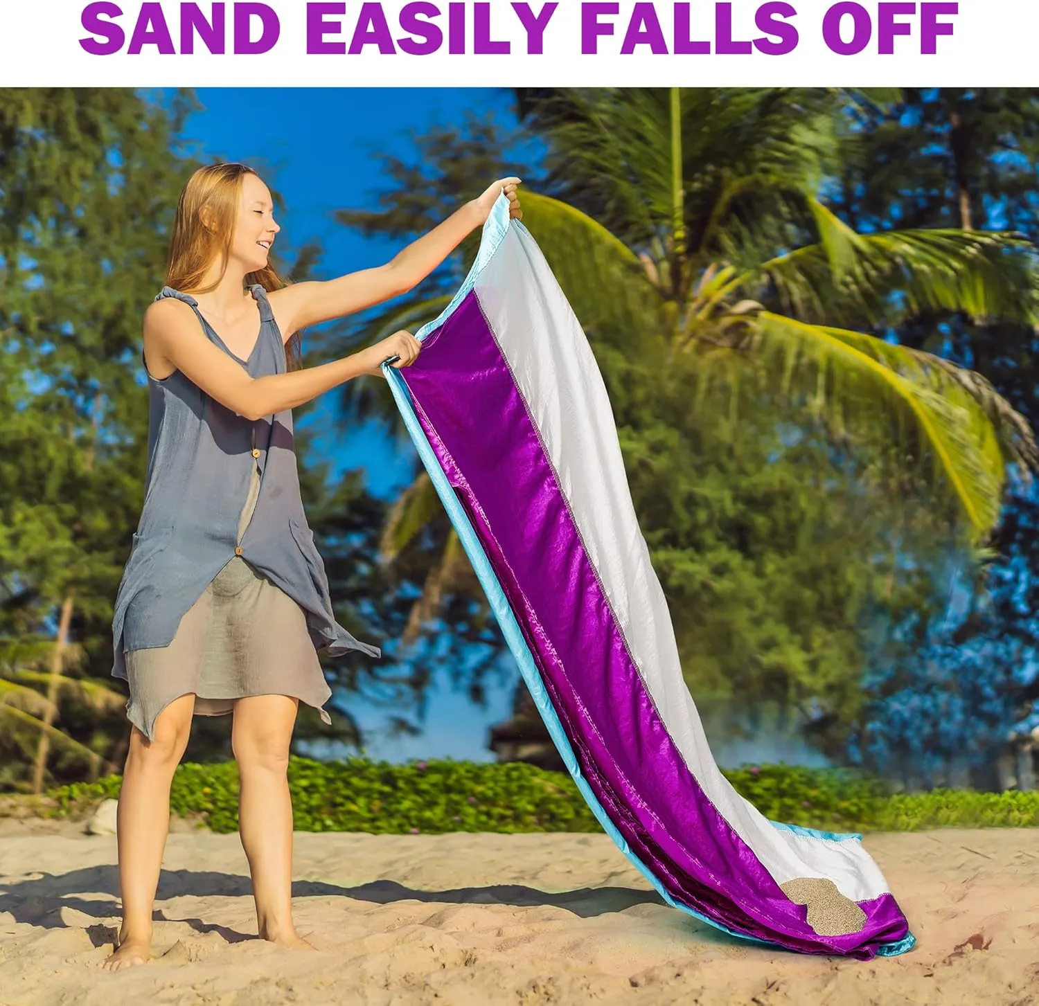 Purple Water-Resistant, Sandproof 10x9ft Beach Blanket With Umbrella Hole–Beach Mat, Compact and Lightweight, Stuff Sack, 4 Stakes, Sand Pockets, Works with Beach Canopies, Umbrellas, Kids Tent