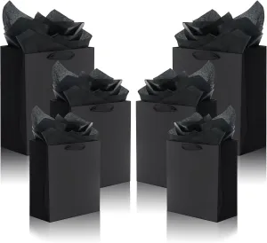 QIELSER 12 Pack Black Gift Bags with Ribbon Handles, Kraft Paper Gift Bags with Tissue Paper 3 Different Sizes in 8.5", 10" and 13" for Party Favor, Wedding, Retail, Business, Graduations