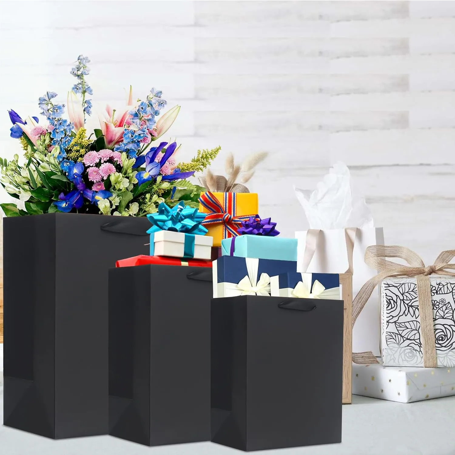 QIELSER 12 Pack Black Gift Bags with Ribbon Handles, Kraft Paper Gift Bags with Tissue Paper 3 Different Sizes in 8.5", 10" and 13" for Party Favor, Wedding, Retail, Business, Graduations