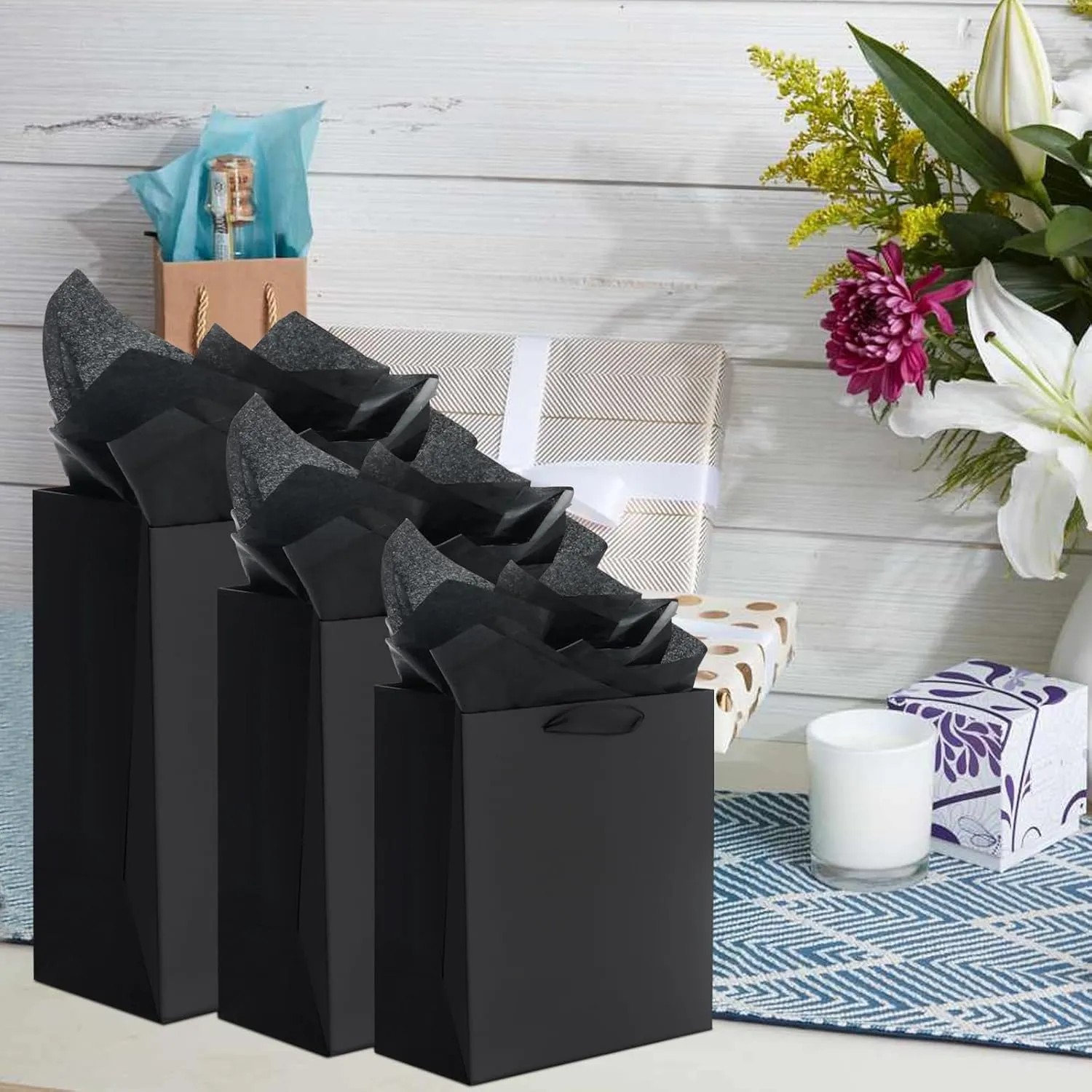 QIELSER 12 Pack Black Gift Bags with Ribbon Handles, Kraft Paper Gift Bags with Tissue Paper 3 Different Sizes in 8.5", 10" and 13" for Party Favor, Wedding, Retail, Business, Graduations