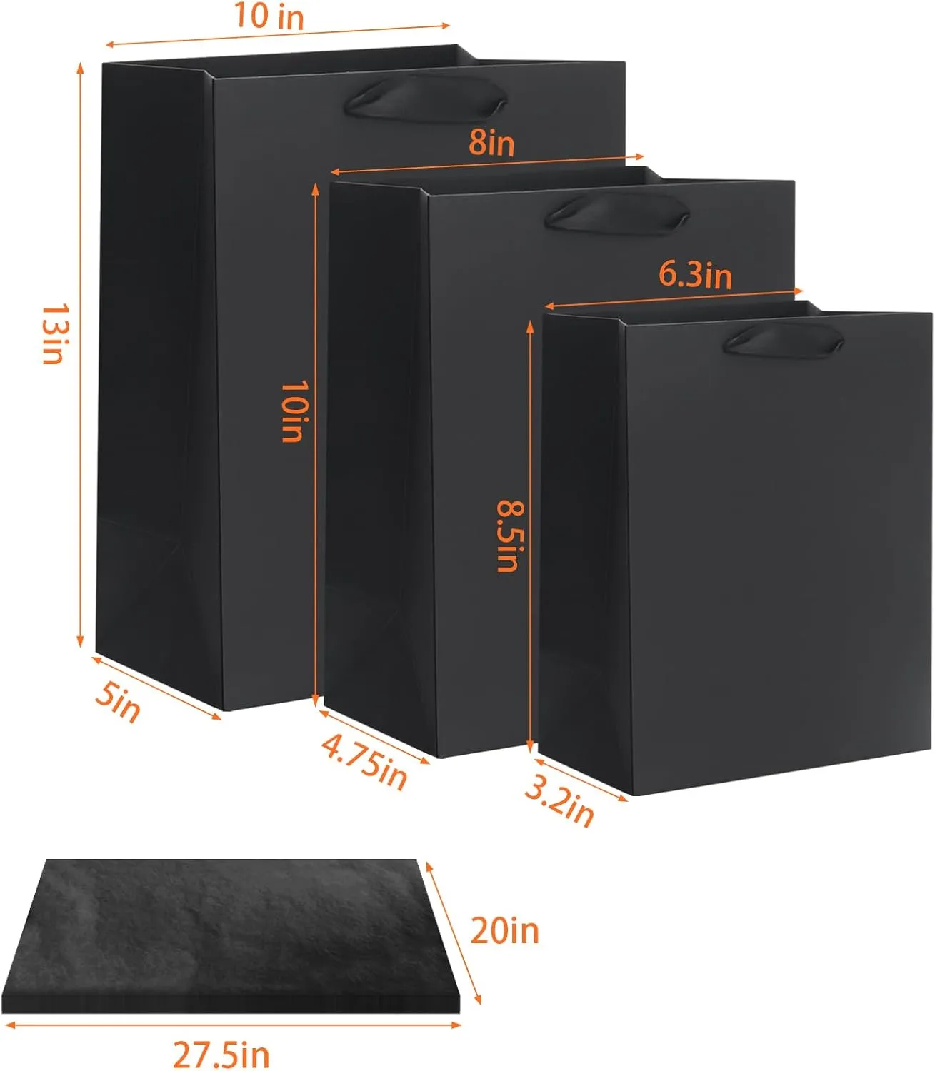 QIELSER 12 Pack Black Gift Bags with Ribbon Handles, Kraft Paper Gift Bags with Tissue Paper 3 Different Sizes in 8.5", 10" and 13" for Party Favor, Wedding, Retail, Business, Graduations