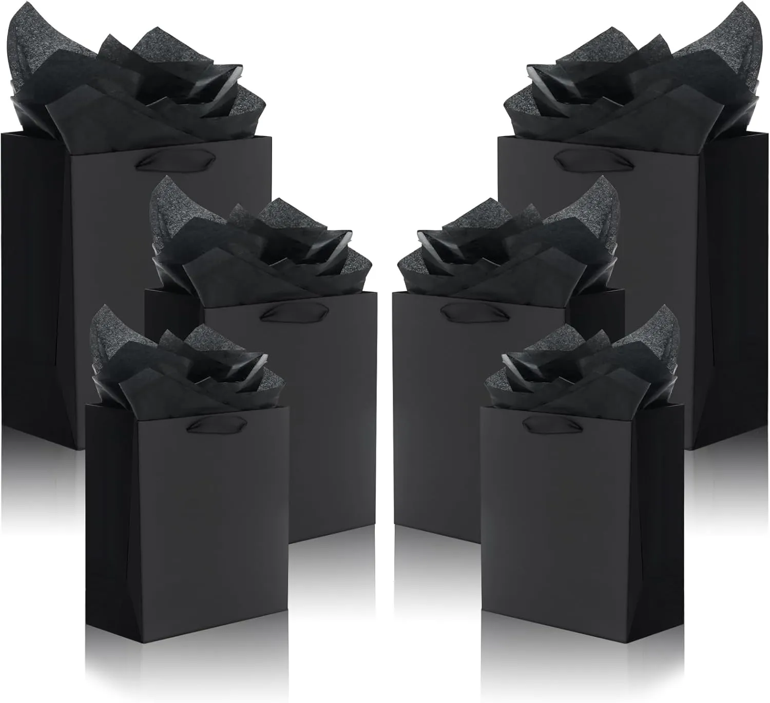 QIELSER 12 Pack Black Gift Bags with Ribbon Handles, Kraft Paper Gift Bags with Tissue Paper 3 Different Sizes in 8.5", 10" and 13" for Party Favor, Wedding, Retail, Business, Graduations