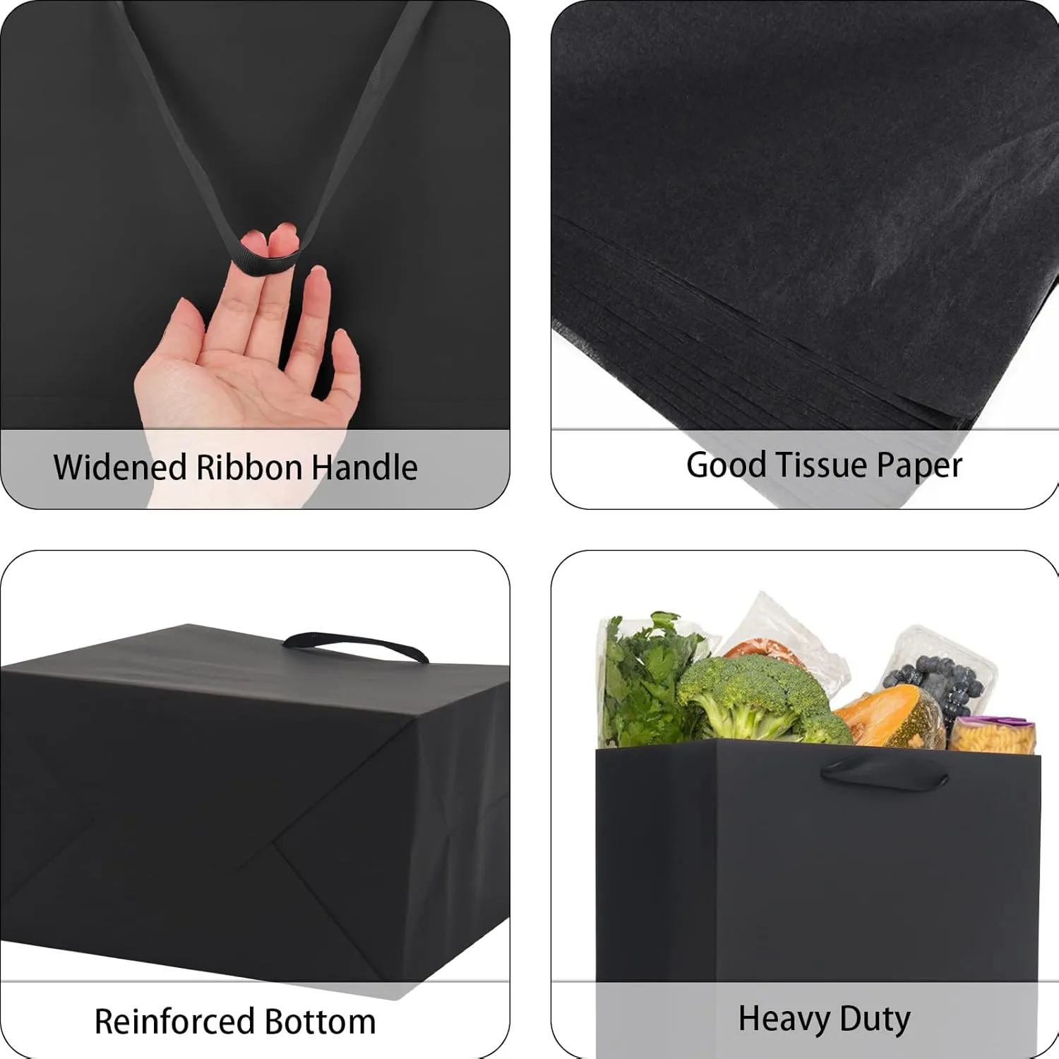 QIELSER 12 Pack Black Gift Bags with Ribbon Handles, Kraft Paper Gift Bags with Tissue Paper 3 Different Sizes in 8.5", 10" and 13" for Party Favor, Wedding, Retail, Business, Graduations