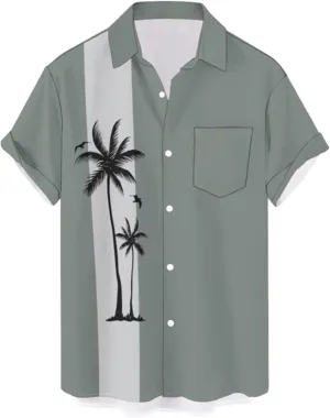 QIVICIMA Mens Bowling Shirts Hawaiian Shirt Big and Tall Retro Button Up Vintage Guayabera Camp Shirt