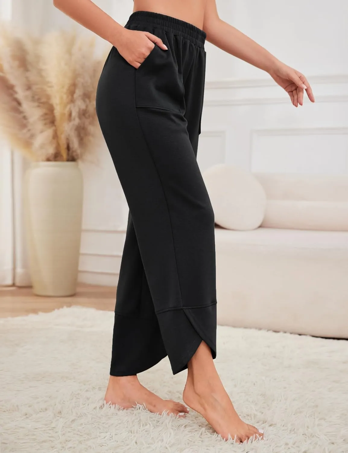 Quenteen Womens Wide Leg Pants Elastic Waisted Cropped Casual Pants with Pockets Harem Pants