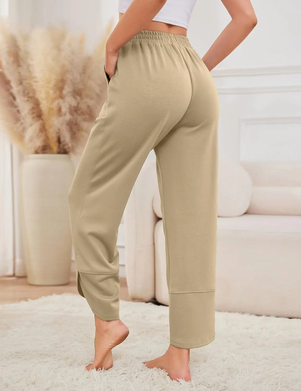 Quenteen Womens Wide Leg Pants Elastic Waisted Cropped Casual Pants with Pockets Harem Pants