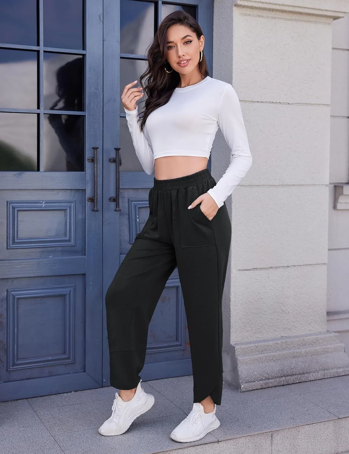 Quenteen Womens Wide Leg Pants Elastic Waisted Cropped Casual Pants with Pockets Harem Pants