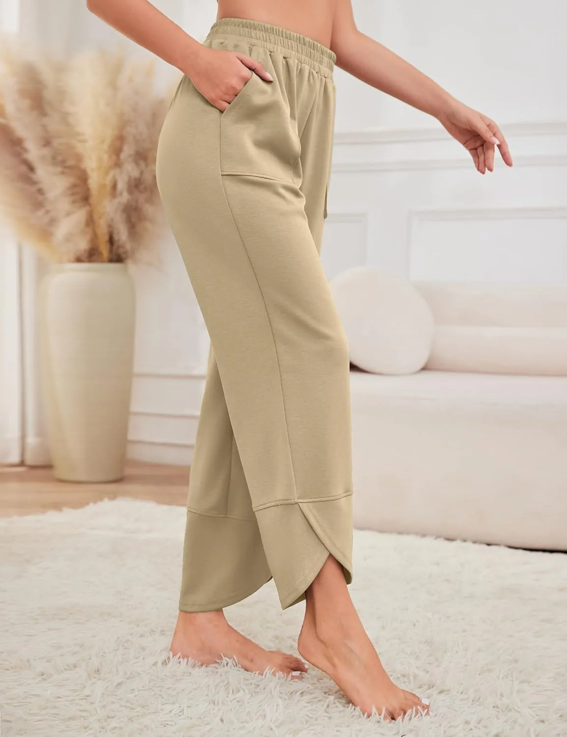 Quenteen Womens Wide Leg Pants Elastic Waisted Cropped Casual Pants with Pockets Harem Pants
