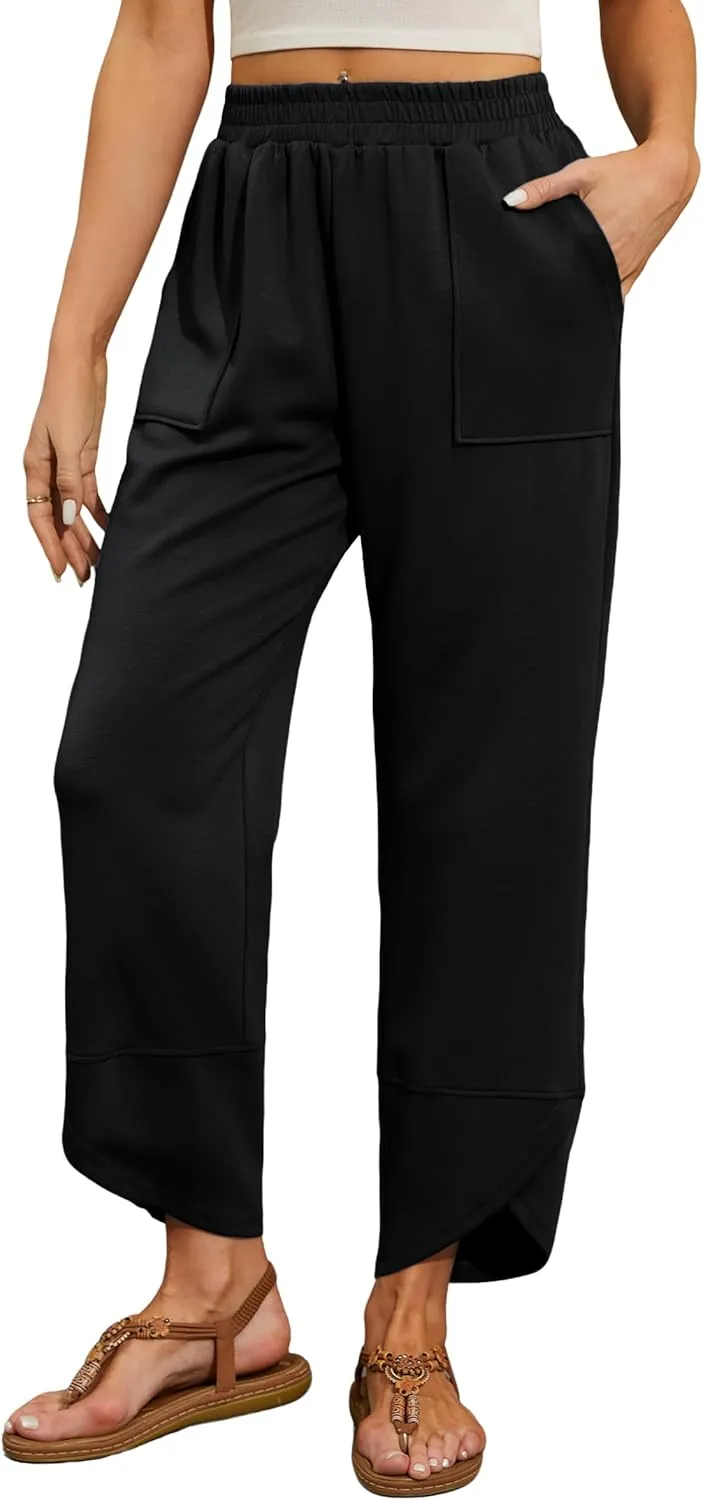 Quenteen Womens Wide Leg Pants Elastic Waisted Cropped Casual Pants with Pockets Harem Pants