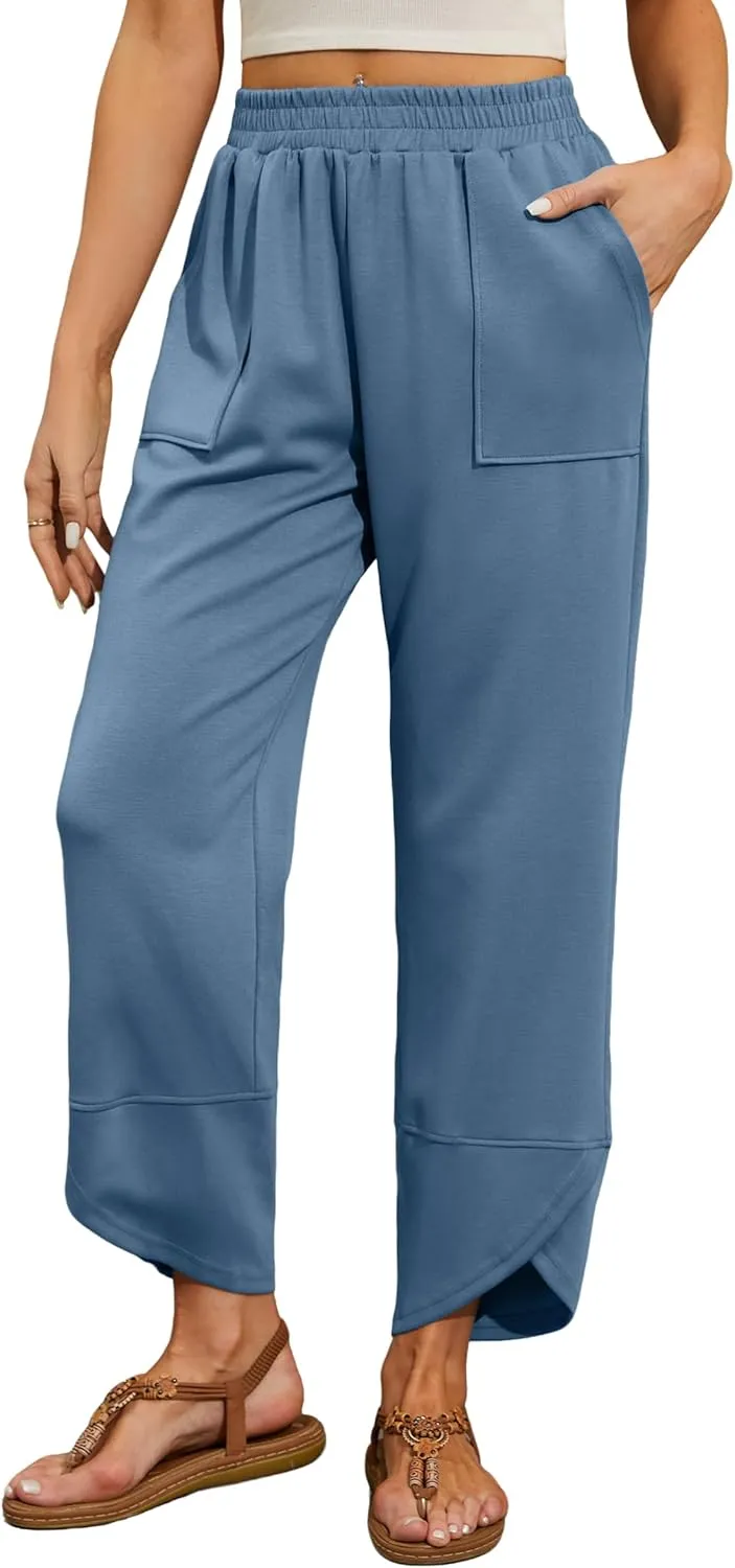 Quenteen Womens Wide Leg Pants Elastic Waisted Cropped Casual Pants with Pockets Harem Pants