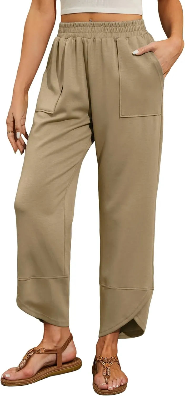 Quenteen Womens Wide Leg Pants Elastic Waisted Cropped Casual Pants with Pockets Harem Pants