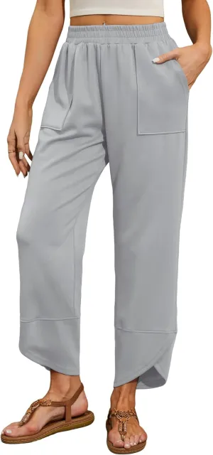 Quenteen Womens Wide Leg Pants Elastic Waisted Cropped Casual Pants with Pockets Harem Pants