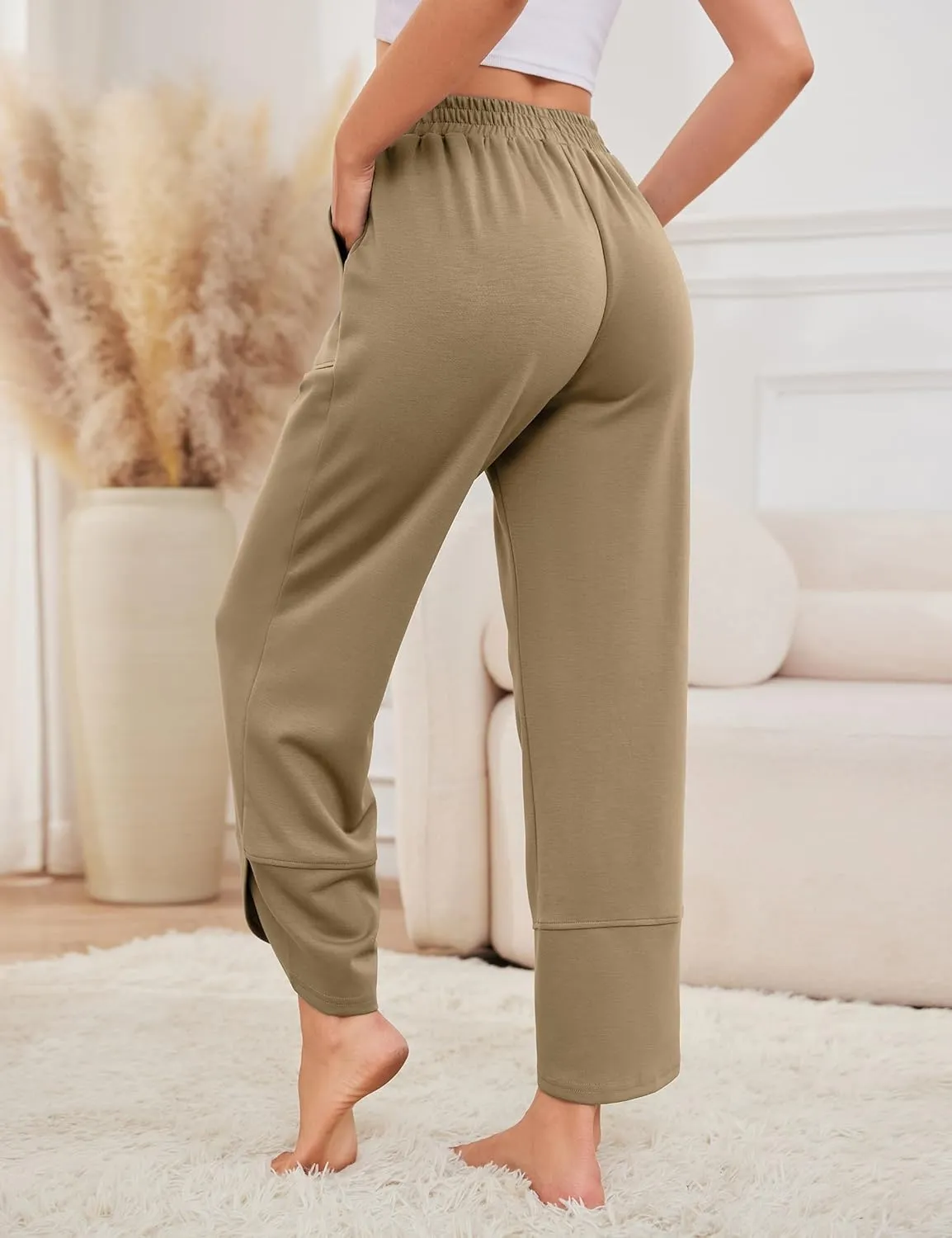 Quenteen Womens Wide Leg Pants Elastic Waisted Cropped Casual Pants with Pockets Harem Pants