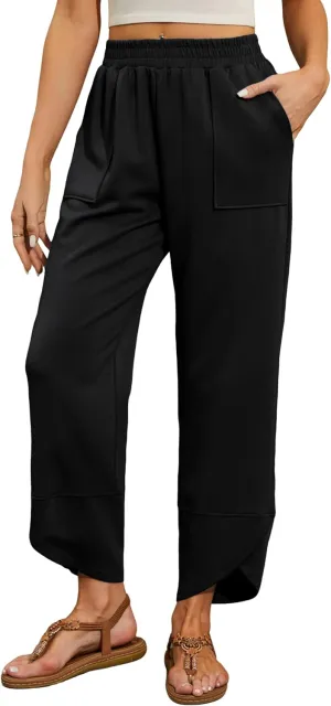 Quenteen Womens Wide Leg Pants Elastic Waisted Cropped Casual Pants with Pockets Harem Pants