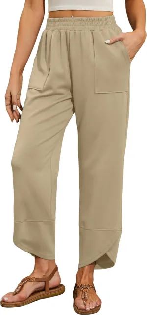 Quenteen Womens Wide Leg Pants Elastic Waisted Cropped Casual Pants with Pockets Harem Pants