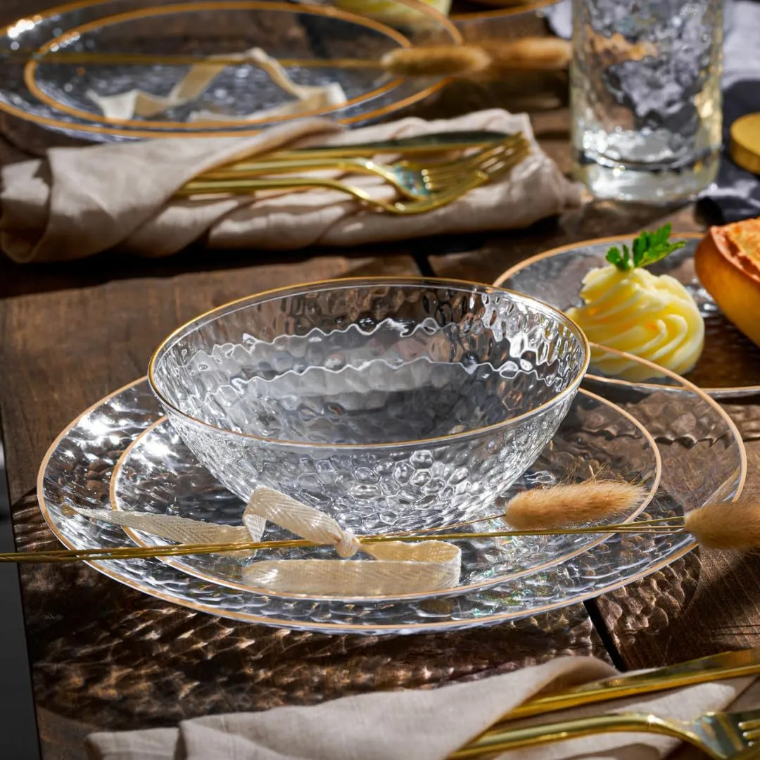 R-kay 100 Pack 10 Inch Clear Plastic Plates For Wedding - Hammered Gold Rimmed Sturdy, Durable Gold Plastic Plates For Party - Bulk Disposable Plates For Weddings