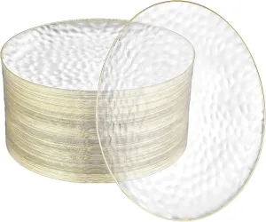 R-kay 100 Pack 10 Inch Clear Plastic Plates For Wedding - Hammered Gold Rimmed Sturdy, Durable Gold Plastic Plates For Party - Bulk Disposable Plates For Weddings