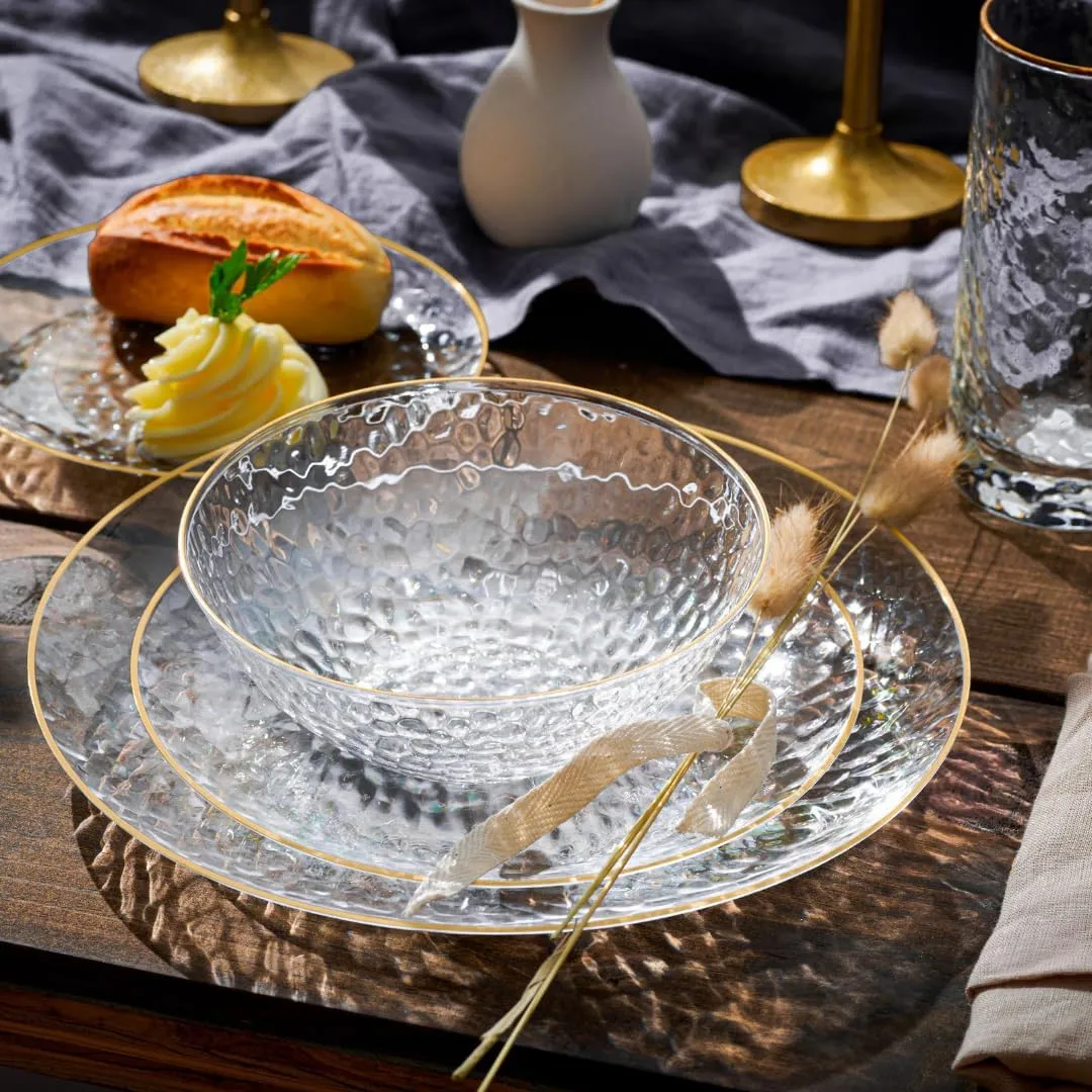 R-kay 100 Pack 10 Inch Clear Plastic Plates For Wedding - Hammered Gold Rimmed Sturdy, Durable Gold Plastic Plates For Party - Bulk Disposable Plates For Weddings