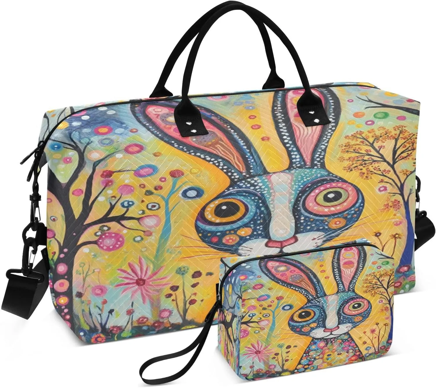 Rabbit Trees Painting Sports Gym Bag for Women Men Travel Duffel Bag Weekend Overnight Carry on Bag with Toiletry Bag Training Handbag for Yoga Workout Swimming Hospital Plane