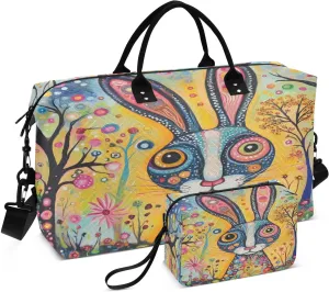 Rabbit Trees Painting Sports Gym Bag for Women Men Travel Duffel Bag Weekend Overnight Carry on Bag with Toiletry Bag Training Handbag for Yoga Workout Swimming Hospital Plane