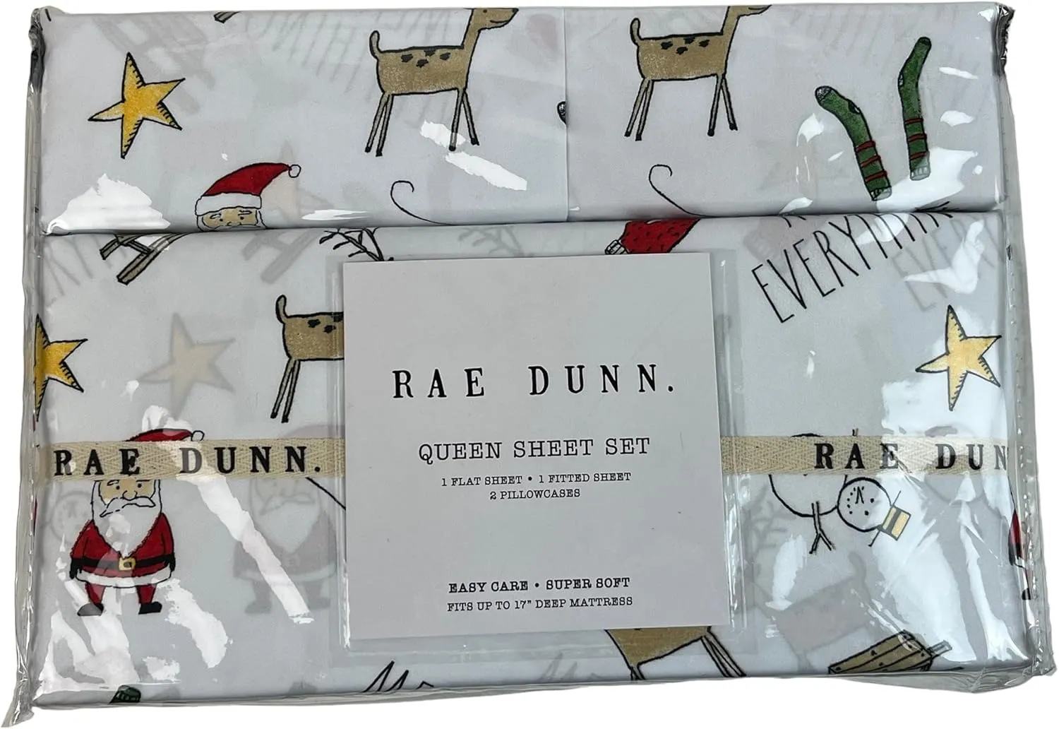 Rae Dunn by Enchante Merry Everything Christmas Holiday Santa Reindeer 4 Piece Queen Size Sheet Set