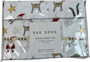 Rae Dunn by Enchante Merry Everything Christmas Holiday Santa Reindeer 4 Piece Queen Size Sheet Set