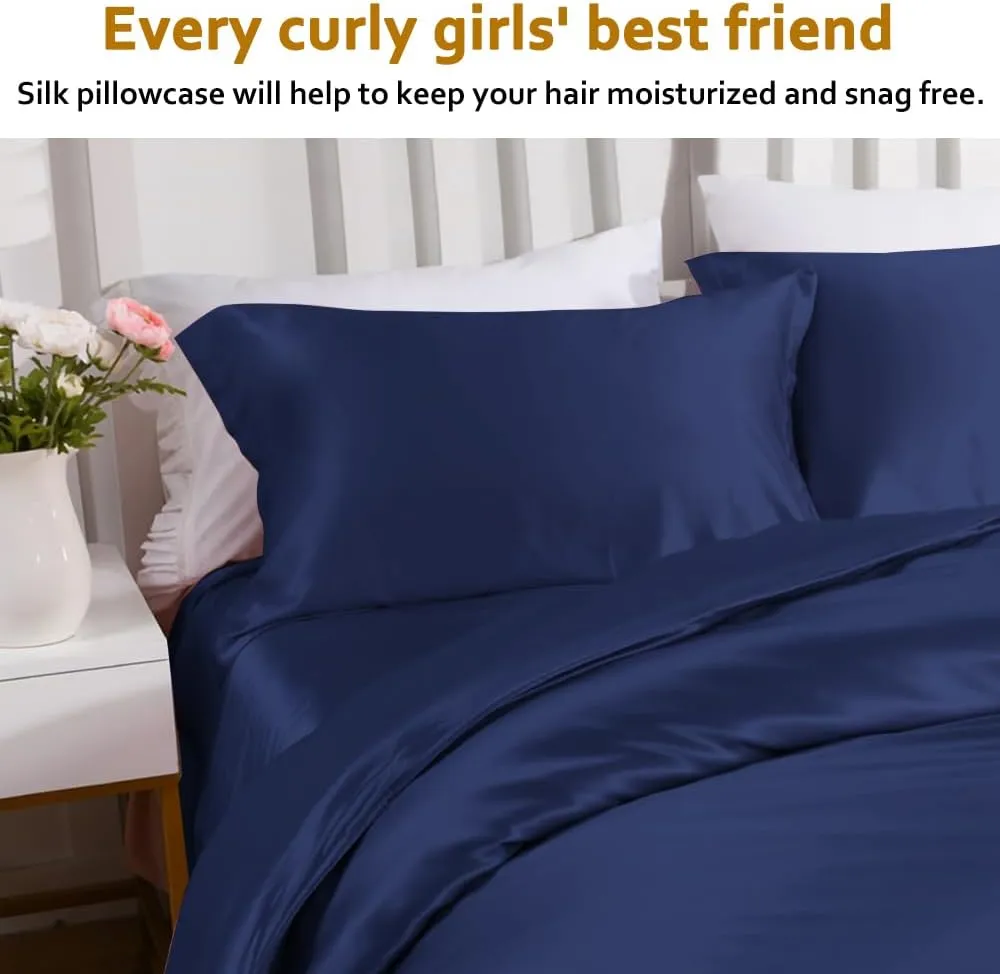 Ravmix Silk Pillow Cases with Zipper, 21momme Mulberry Silk Pillowcase for Hair Skin Health, Soft Smooth Breathable Cool Pillow Cover for Beauty Sleep with Gift Box 1PC(Queen 20"x30", Navy Blue)
