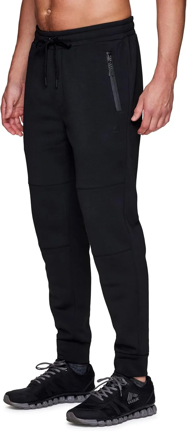 RBX Men's Black Fleece Joggers, Cotton Blend Cuffed Fleece Gym Pants with Zipper Pockets