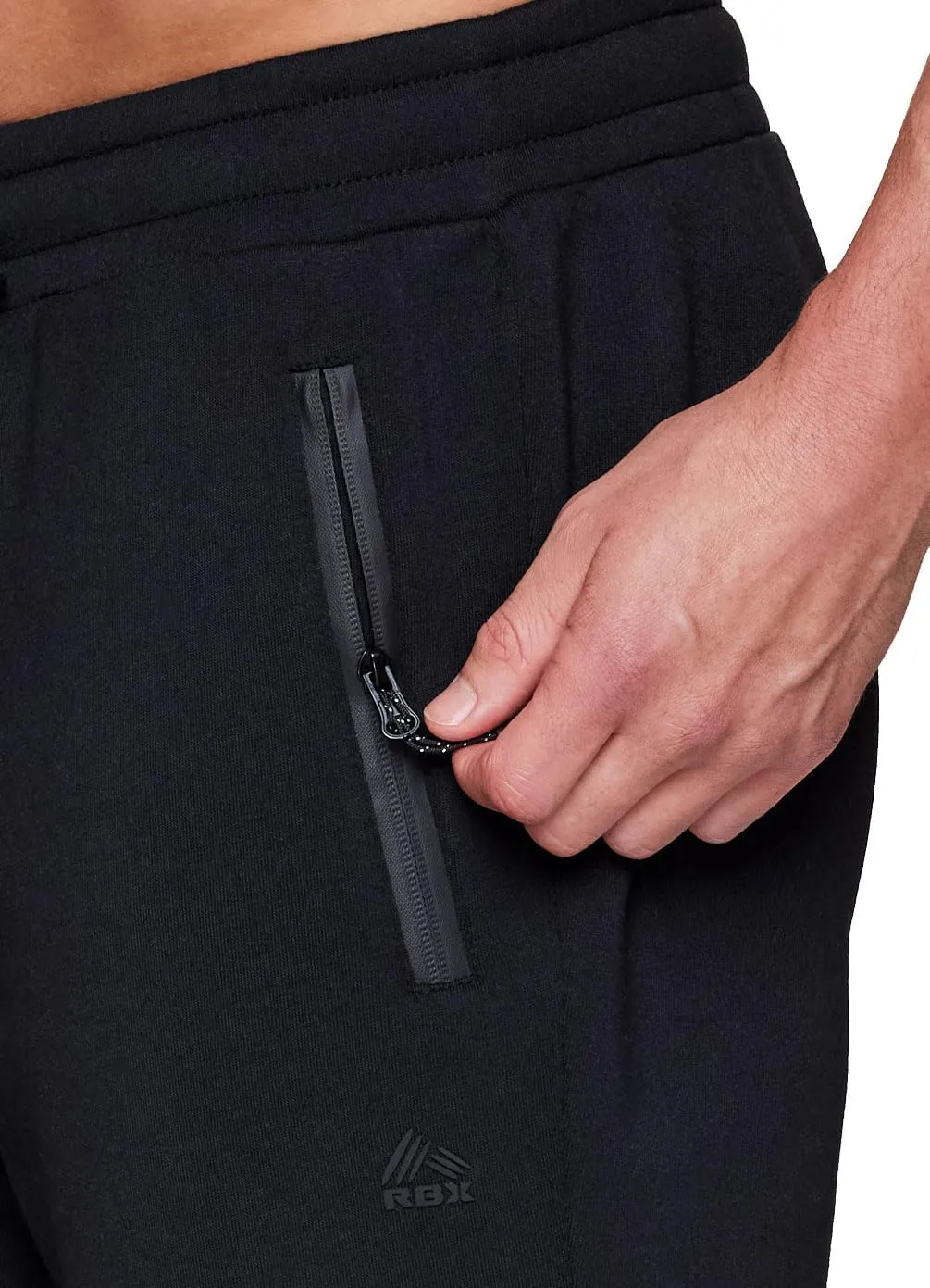 RBX Men's Black Fleece Joggers, Cotton Blend Cuffed Fleece Gym Pants with Zipper Pockets