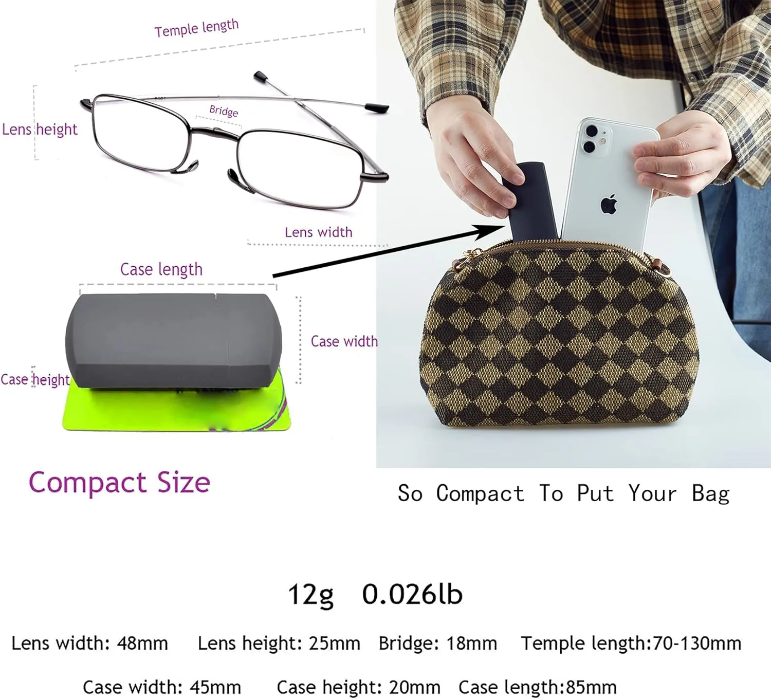 Reading Glasses Men Women, Pocket Wallet Purse Compact Hard Cases Folding Readers, Blue light Glasses Spring Hinge