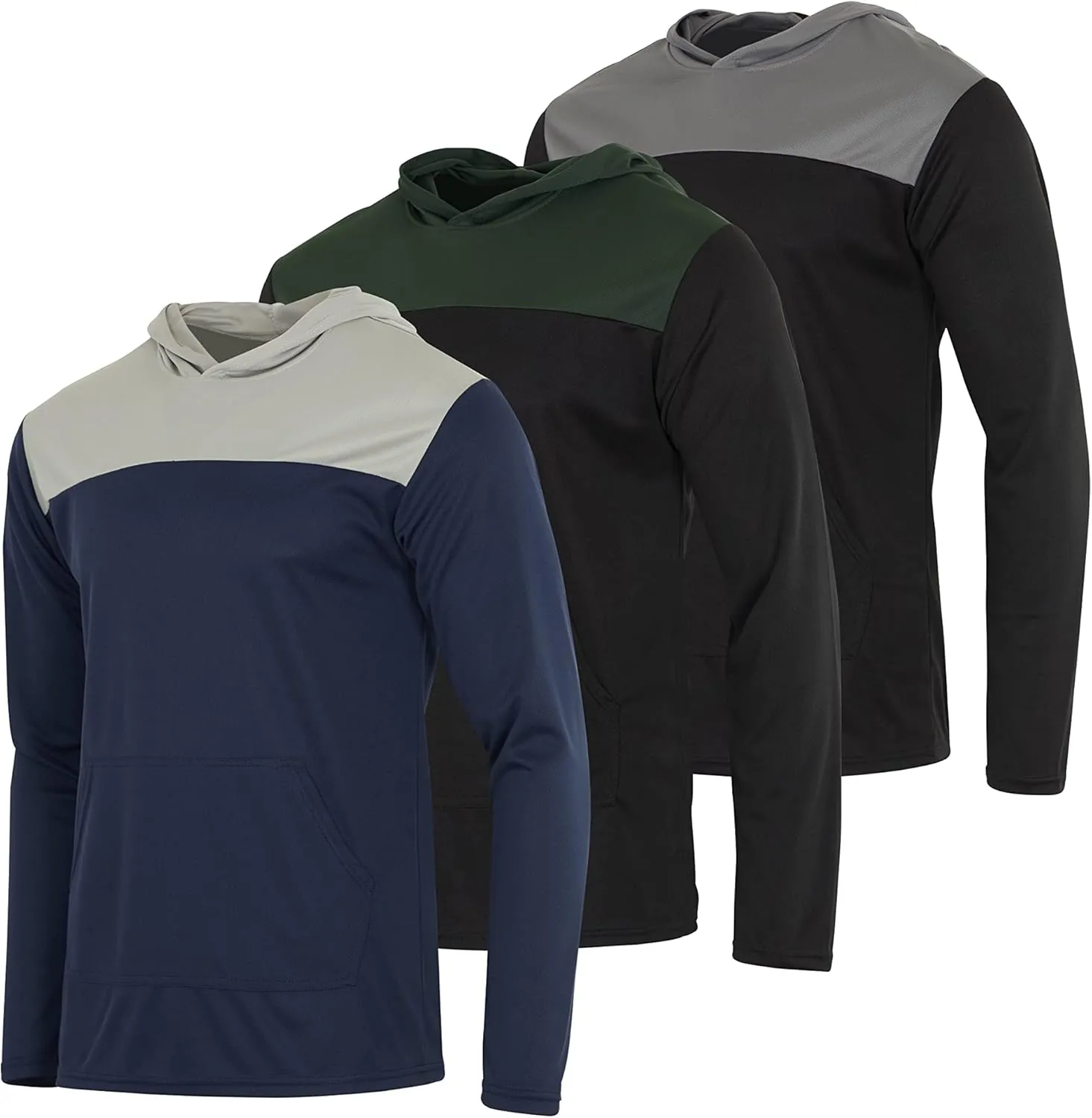Real Essentials 3 Pack: Men's Mesh Long Sleeve Athletic Pullover Hoodie Sweatshirt Pockets UPF 50  (Available in Big & Tall)