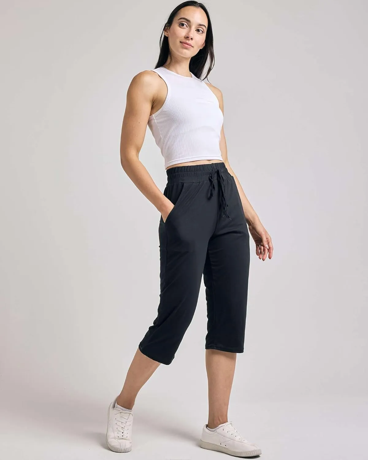 Real Essentials 3-Pack: Women's Capri Open Bottom Soft Sweatpants with Drawstring (Available in Plus Size)