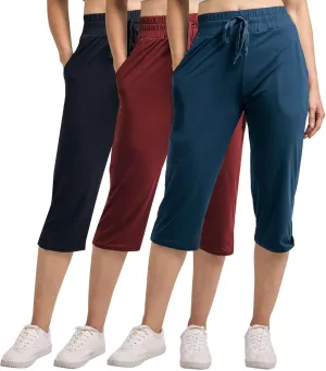 Real Essentials 3-Pack: Women's Capri Open Bottom Soft Sweatpants with Drawstring (Available in Plus Size)