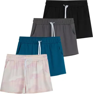 Real Essentials 4 Pack: Girls Athletic Performance Dry-Fit Running Shorts with Drawstring & Pockets